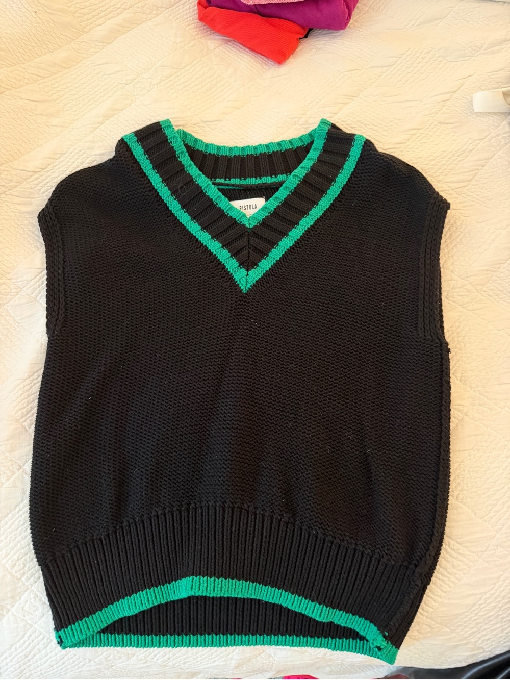 Pistols Black Knit V-Neck Sweater Vest with Emerald Trim